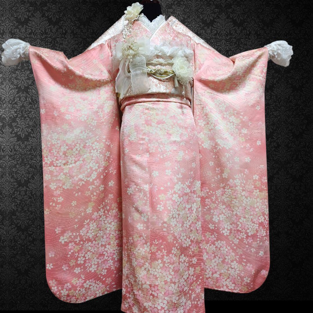 振袖フルセット(11点)・成人式・くすみ・桜・ピンク・胴裏正絹・逸品