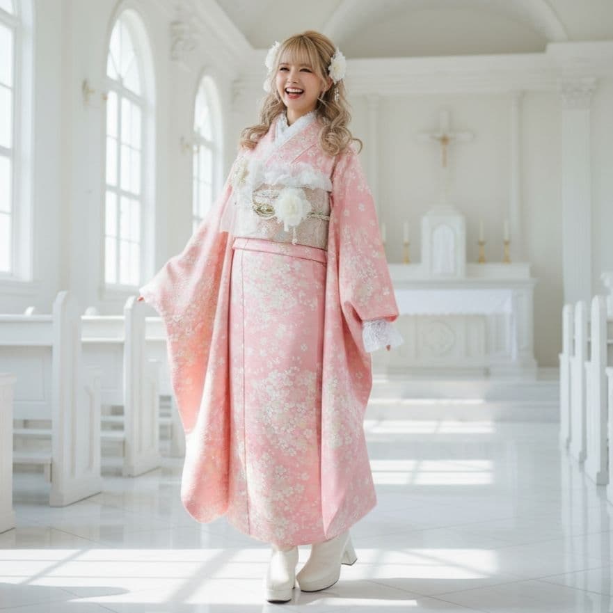 振袖フルセット(11点)・成人式・くすみ・桜・ピンク・胴裏正絹・逸品