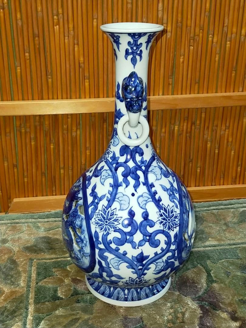 ♥値下げ！♥中国　染付　双耳　花瓶　大明成化年製　龍　鳳凰　骨董　古玩