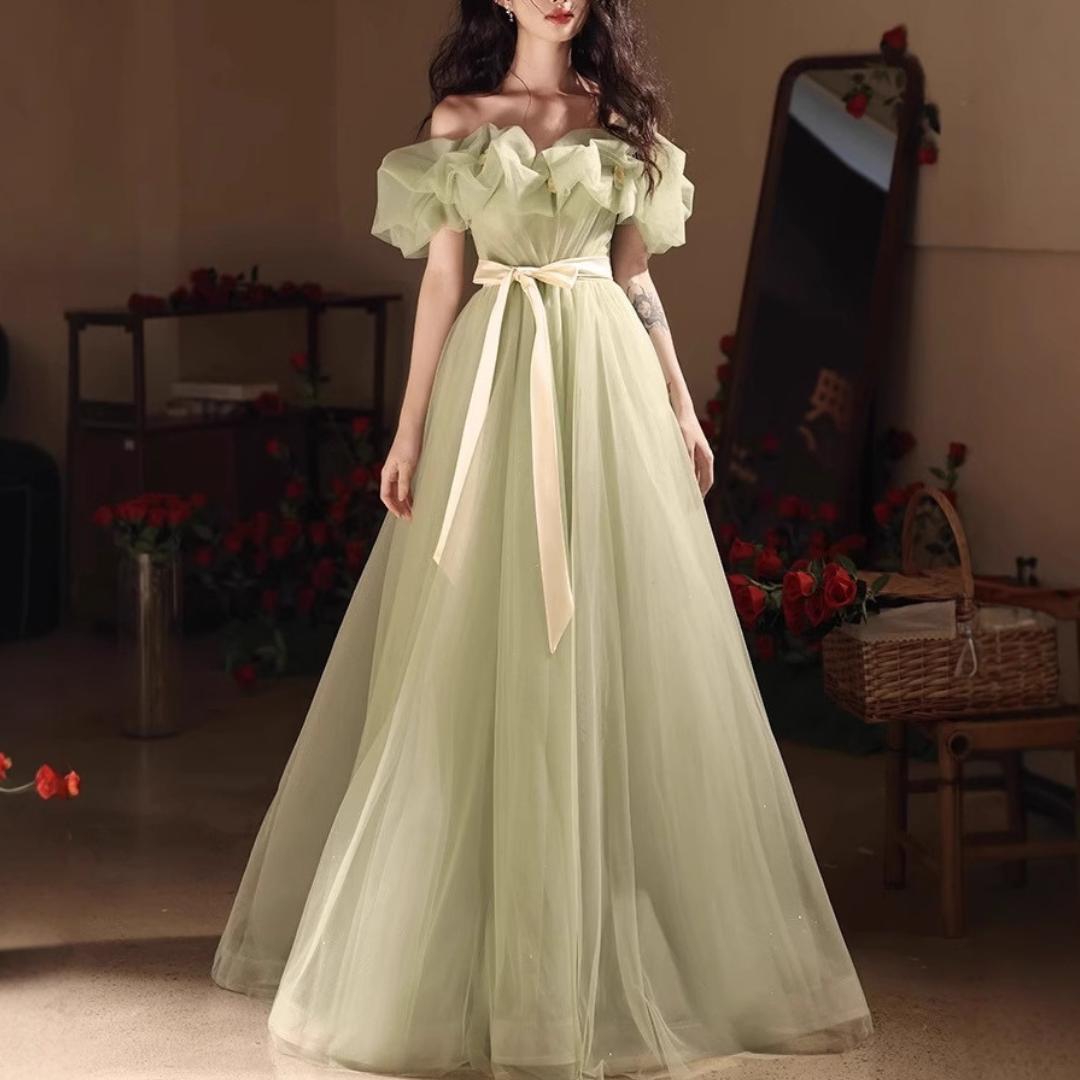 グリーン　誕生日　ハイウェストドレス　パーティー　お呼ばれ　ウェディング　カラー