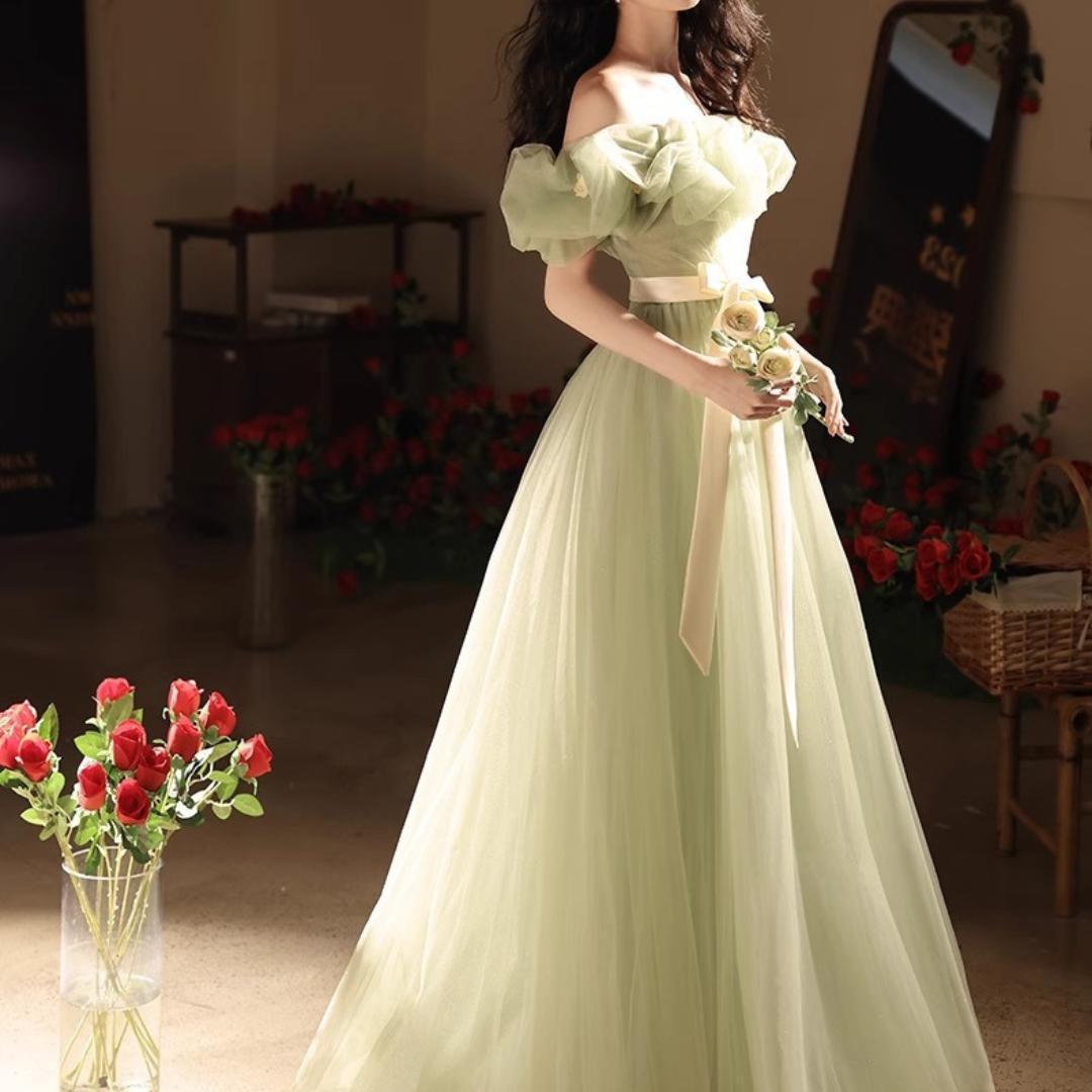 グリーン　誕生日　ハイウェストドレス　パーティー　お呼ばれ　ウェディング　カラー