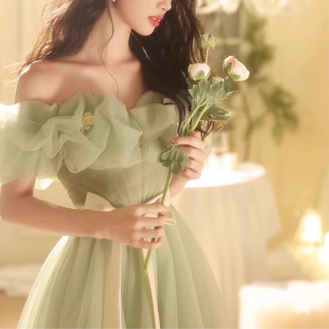 グリーン　誕生日　ハイウェストドレス　パーティー　お呼ばれ　ウェディング　カラー