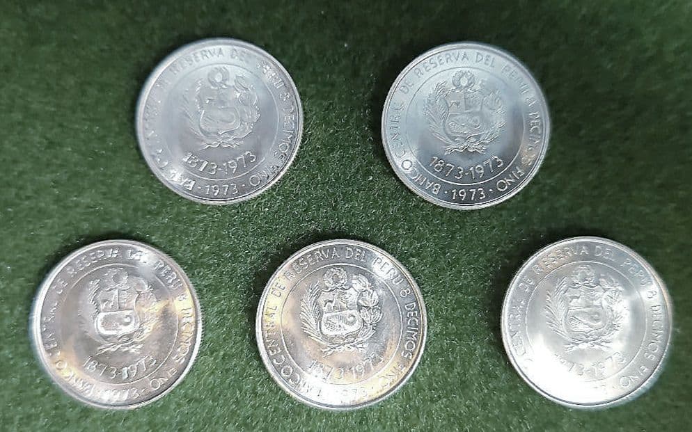 [新品、美品]ペルー 1973年 100ソル 銀貨 5枚セット