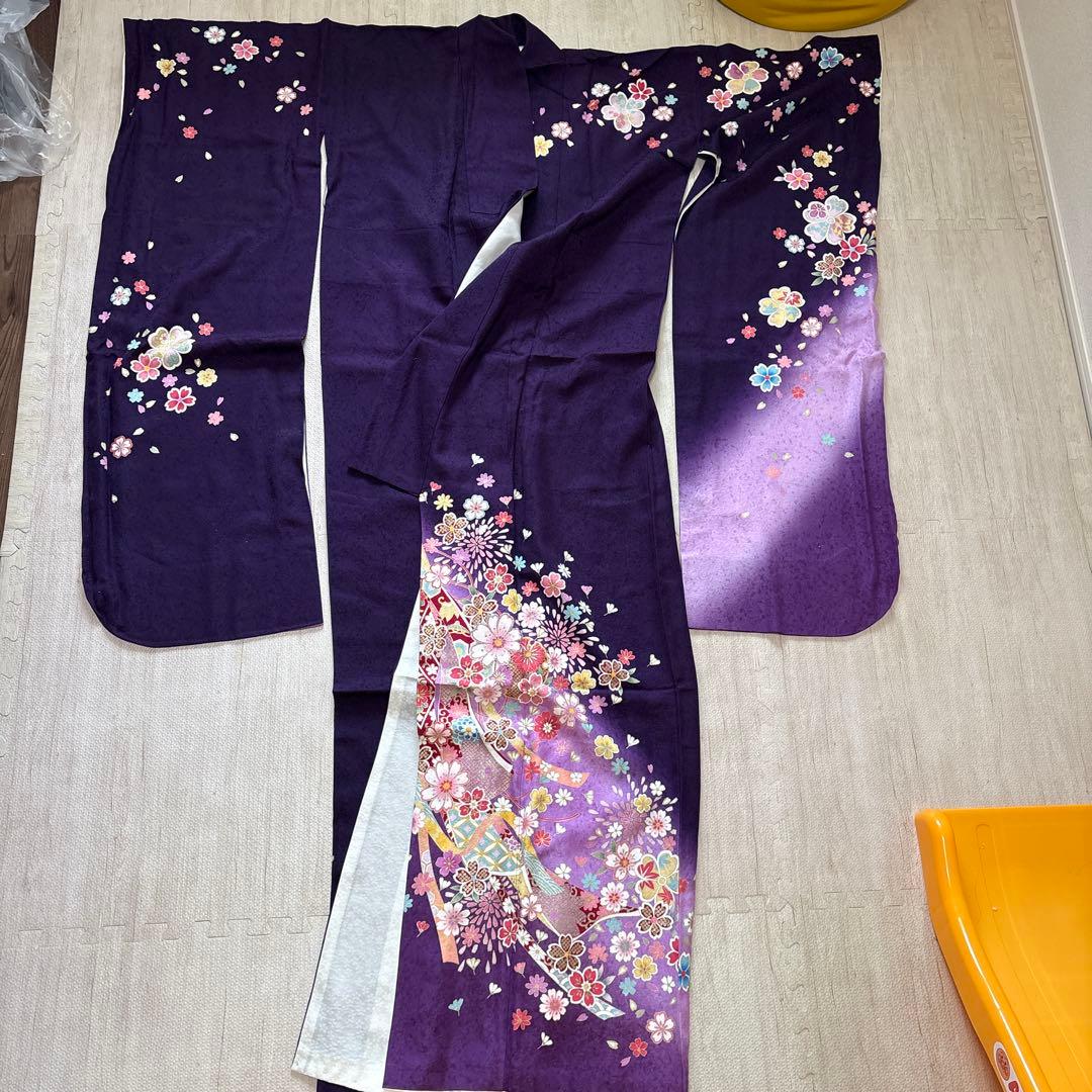 振袖 紫色 花柄 成人式用　3点セット