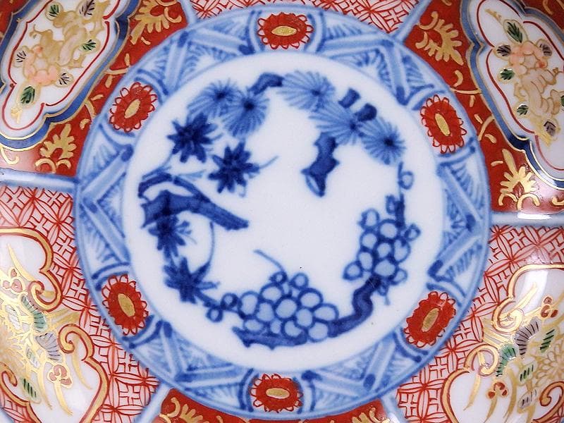 大聖寺伊万里　金襴手　菊に柘榴　松竹梅の図　輪花４寸皿２枚　E638AS-DCh