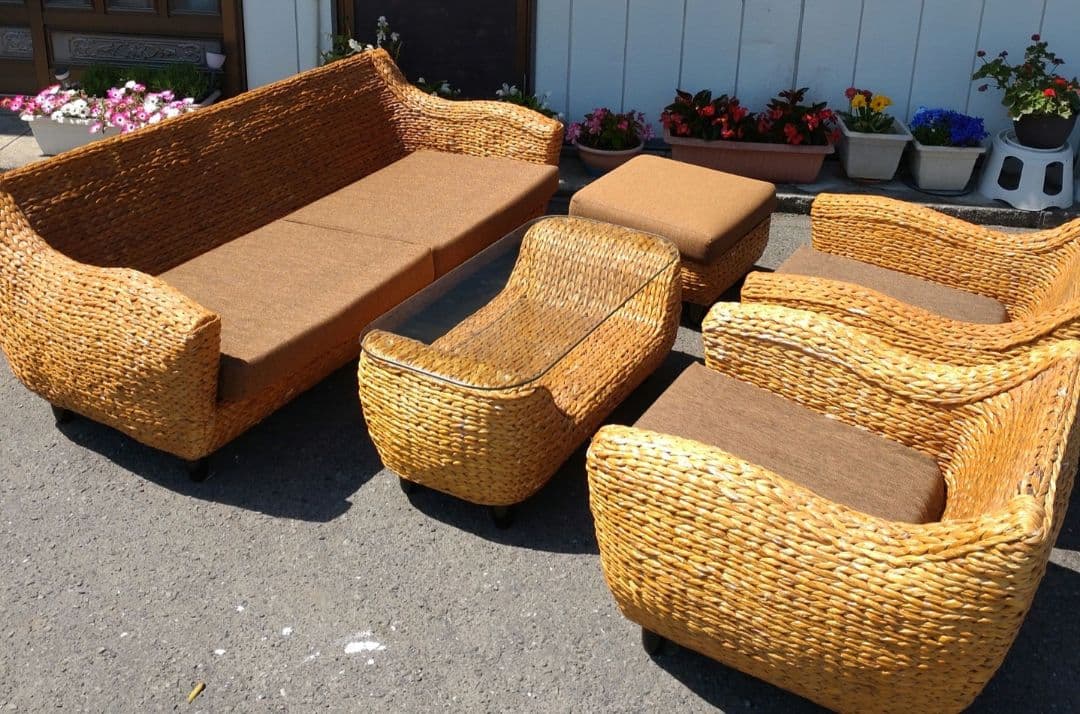 ガラス天板付きテーブル　リゾート　バリ風 ウォーターヒヤシンス