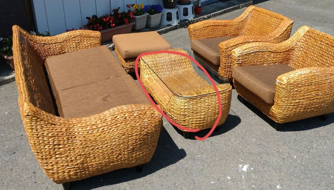 ガラス天板付きテーブル　リゾート　バリ風 ウォーターヒヤシンス