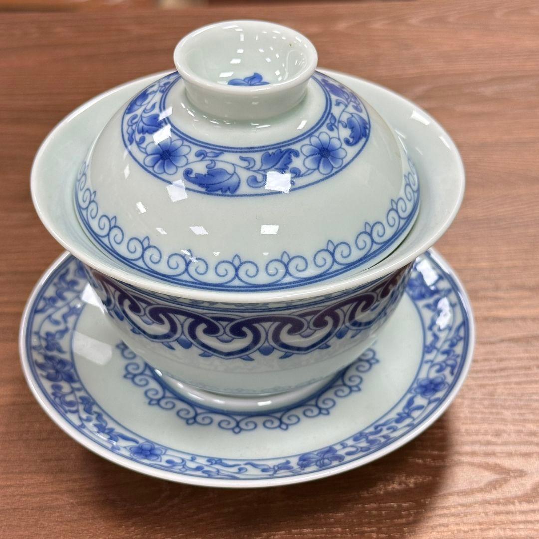 景徳鎮 青花宝相三才蓋碗 茶碗 煎茶器 茶道具 新品未使用