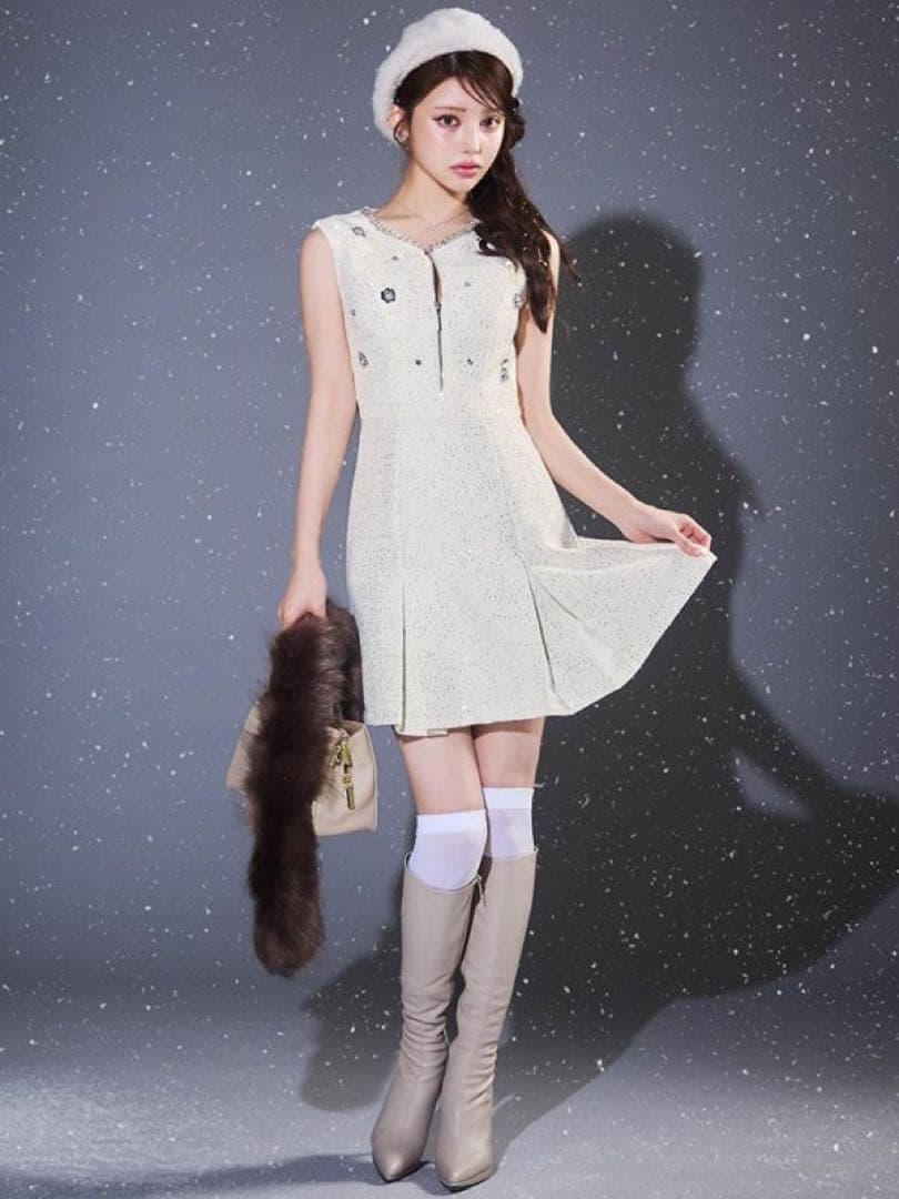 ジップアップフラワースパンコールツイードミニドレス