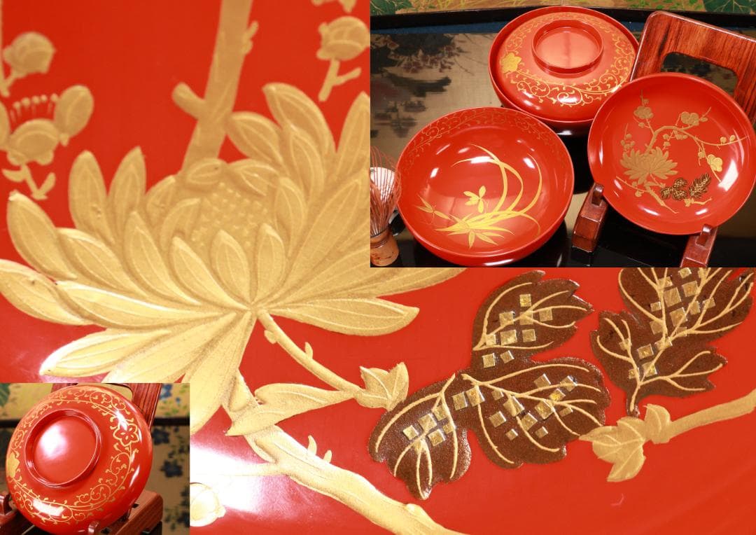 BJ121　時代輪島塗　四君子図蒔絵　吸物椀　二客　木製　茶道具 懐石 菓子