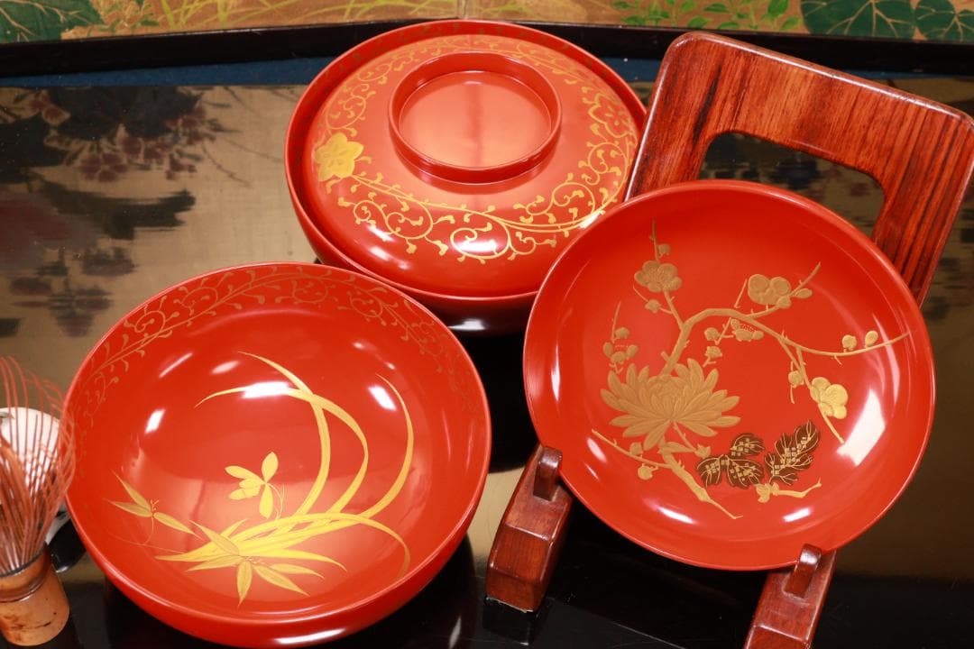 BJ121　時代輪島塗　四君子図蒔絵　吸物椀　二客　木製　茶道具 懐石 菓子