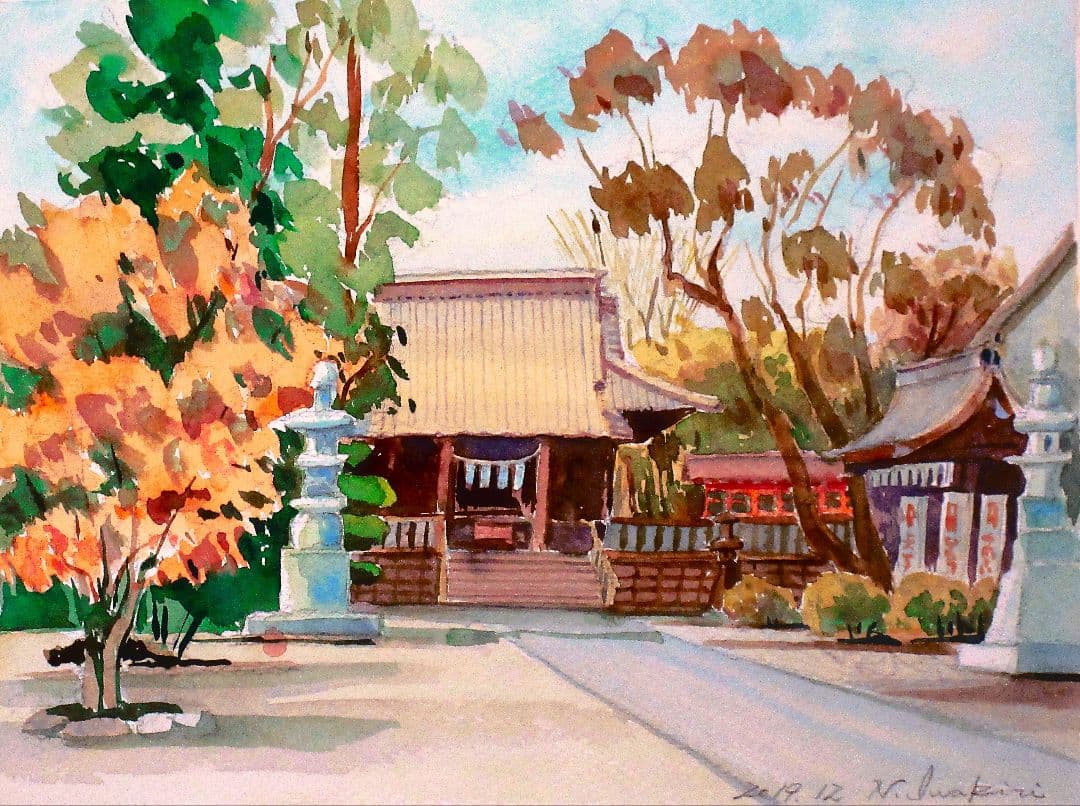 水彩画「近くの神社」