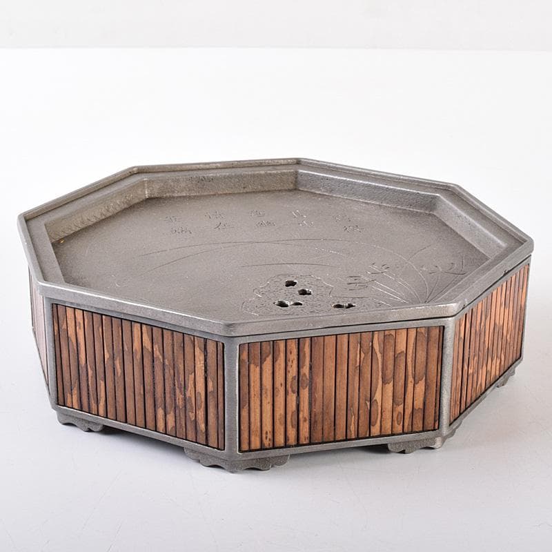 中国　古銅　漢詩花刻　斑竹細工　八角香炉　在銘　U　R7587