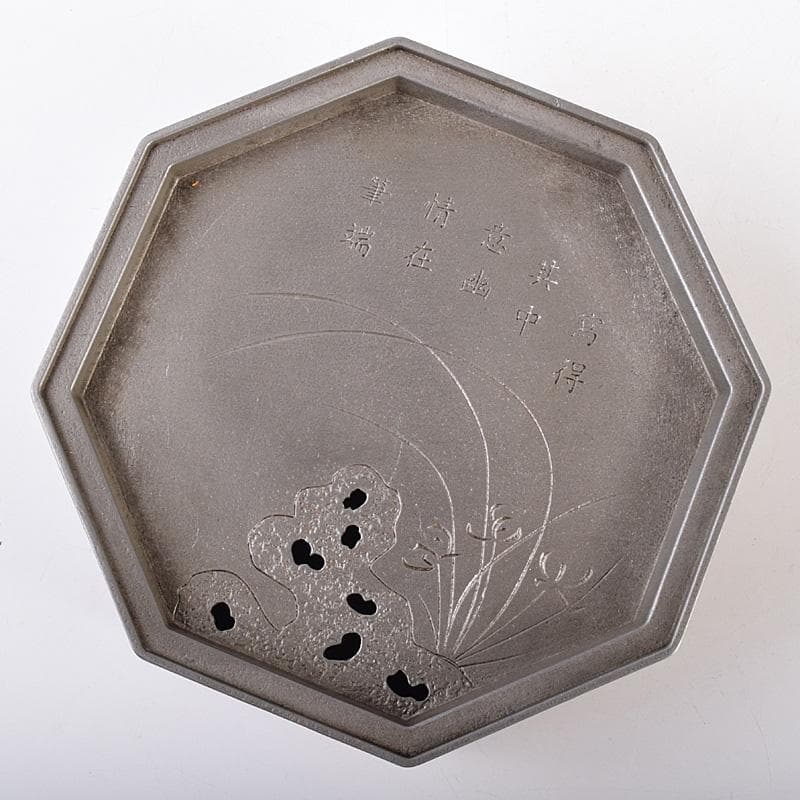 中国　古銅　漢詩花刻　斑竹細工　八角香炉　在銘　U　R7587