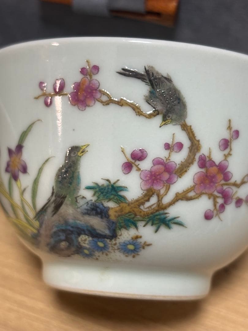 中国清時代　花鳥文茶碗 盃 粉彩　琺瑯彩　雍正年製在銘 官窯 2個セット