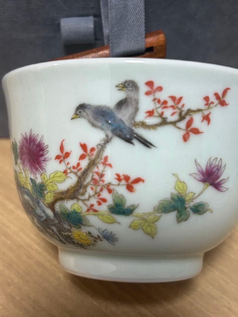 中国清時代　花鳥文茶碗 盃 粉彩　琺瑯彩　雍正年製在銘 官窯 2個セット
