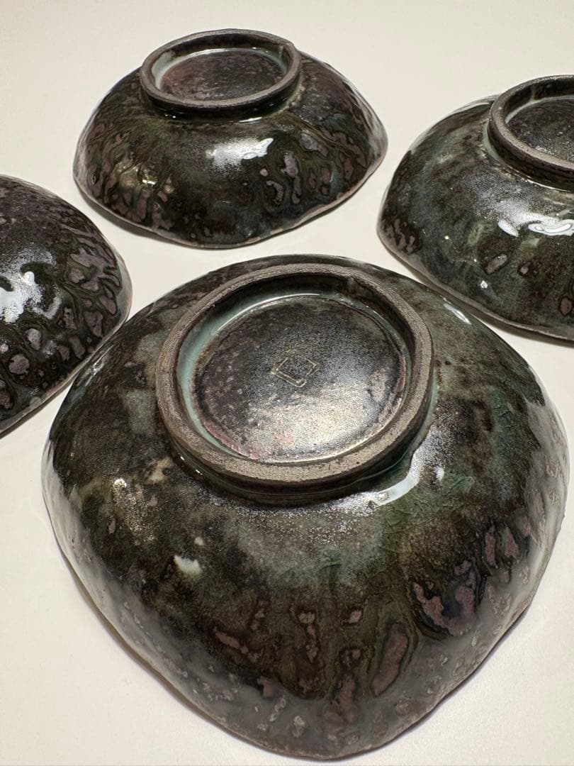 京都清水焼　森陶房　銀化三島四方皿　4脚組