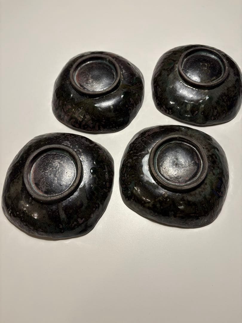 京都清水焼　森陶房　銀化三島四方皿　4脚組