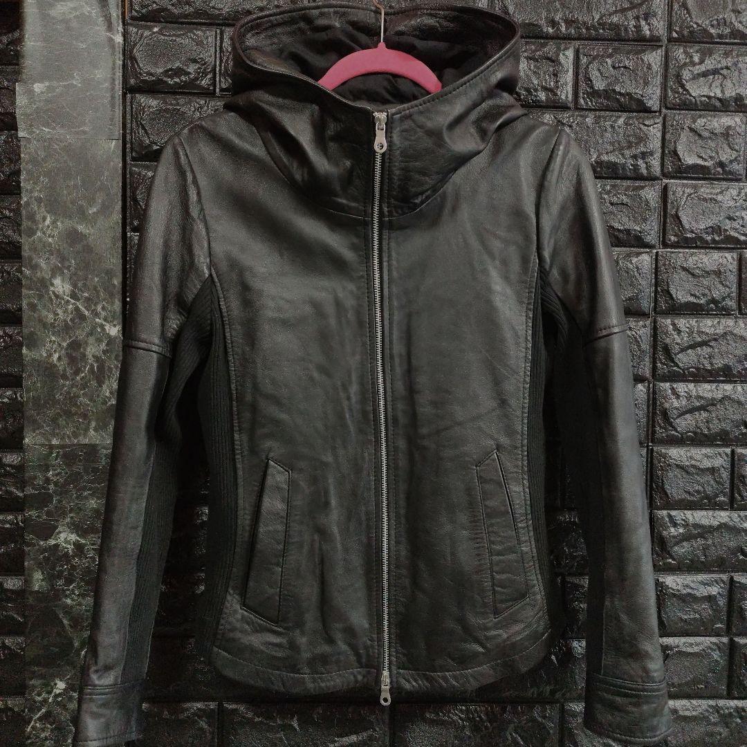 月星ノーアイディー黒ラムレザーシングルライダースフード付きジャケット完売品