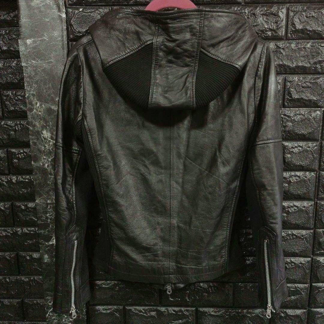 月星ノーアイディー黒ラムレザーシングルライダースフード付きジャケット完売品
