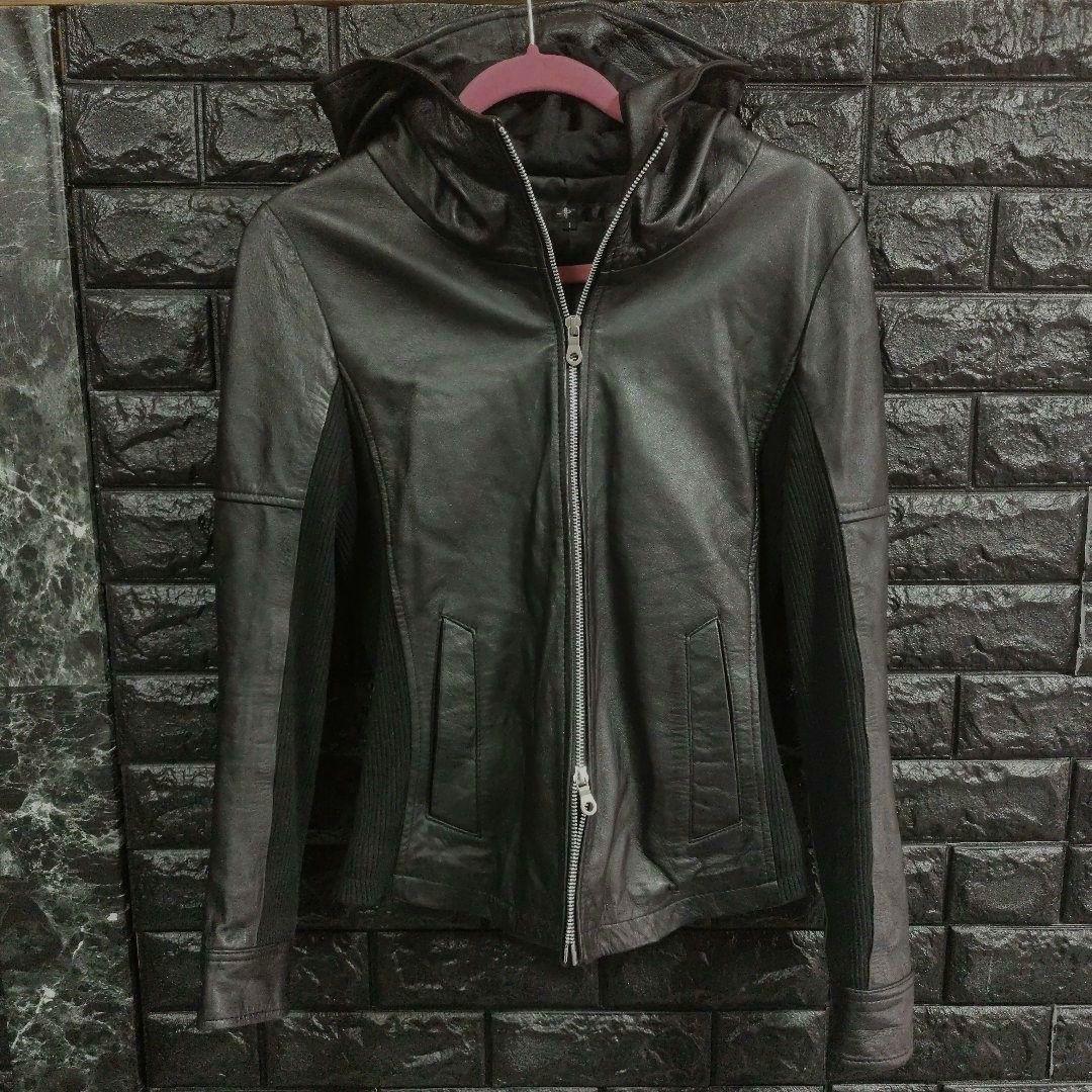 月星ノーアイディー黒ラムレザーシングルライダースフード付きジャケット完売品
