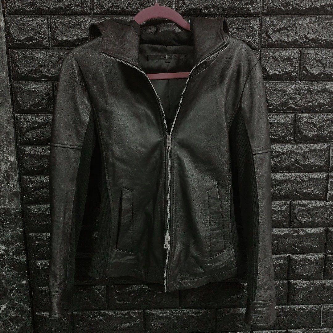月星ノーアイディー黒ラムレザーシングルライダースフード付きジャケット完売品