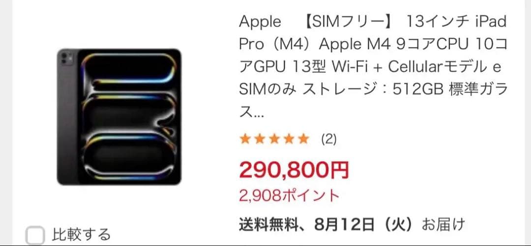 **8/31まで**SIMフリー 13インチiPad Pro M4 512GB