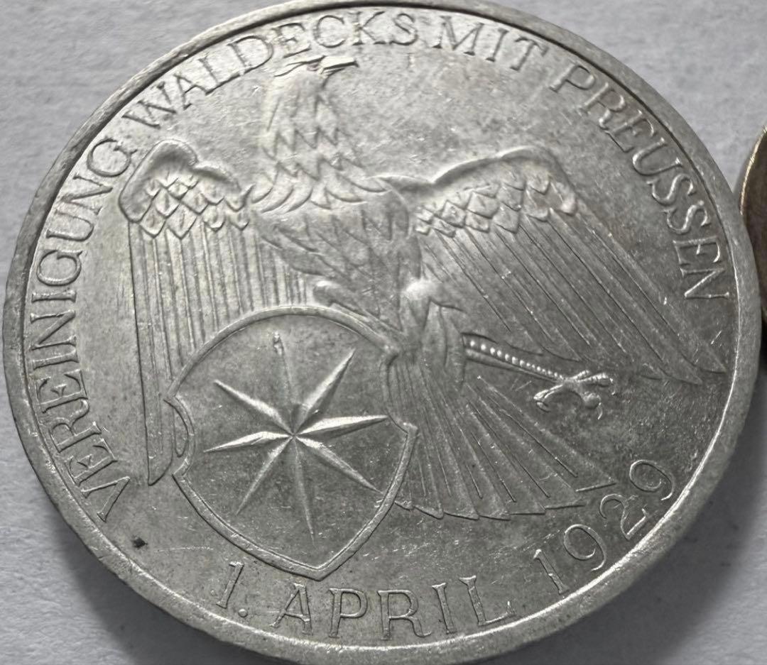 1929年Aドイツ　 ヴァルデック3ライヒスマルク銀貨　ハイグレード　レア