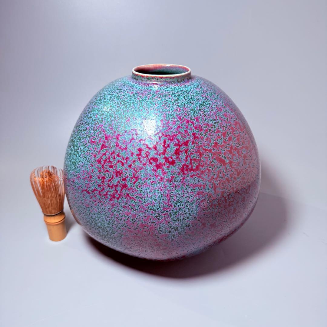 四郎窯　日展作家　四郎作　紫尖紅面取　壺　共箱　高さ23㎝　上位作