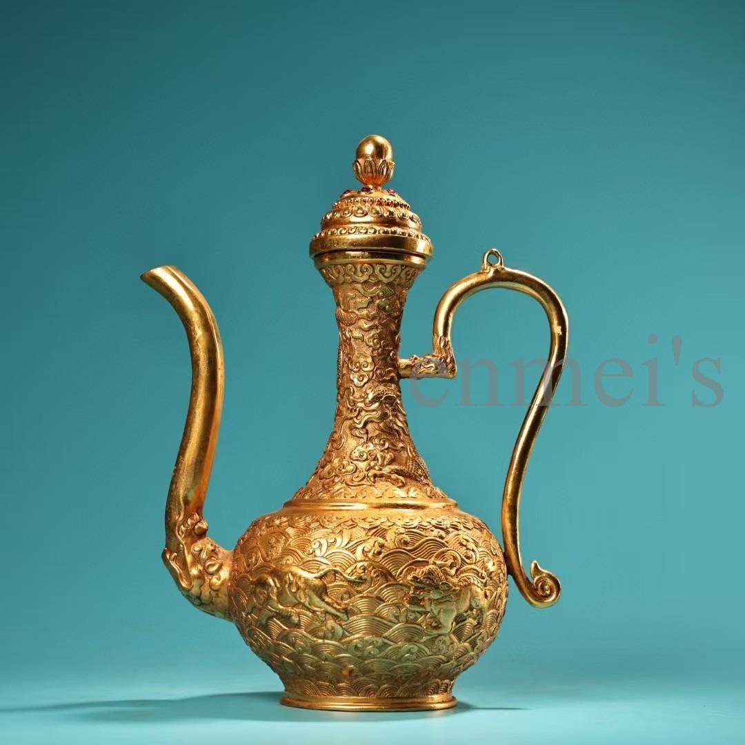 中国古美術・珍蔵純銅製・鎏金・酒器・高浮彫酒壺・純手作り・茶道具・酒具・風水置物