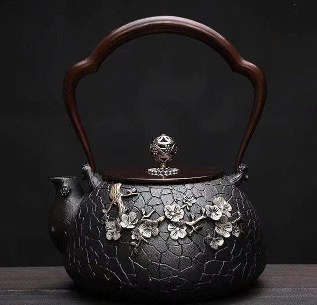 鋳鉄製 花と鳥の彫刻 鉄瓶 素肌 容量 : 900ml