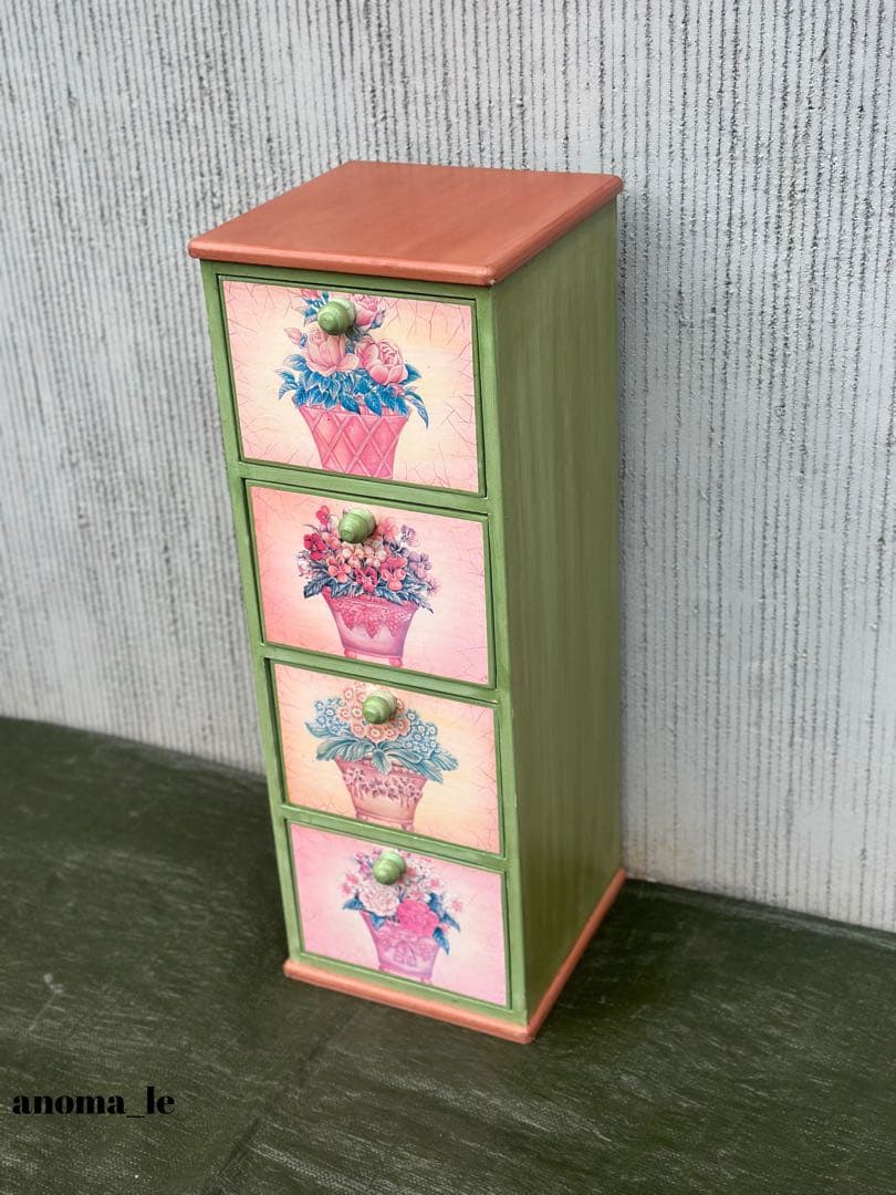 5005【チェスト】木製　花柄　トールペイント　収納　花台　アンティーク◎