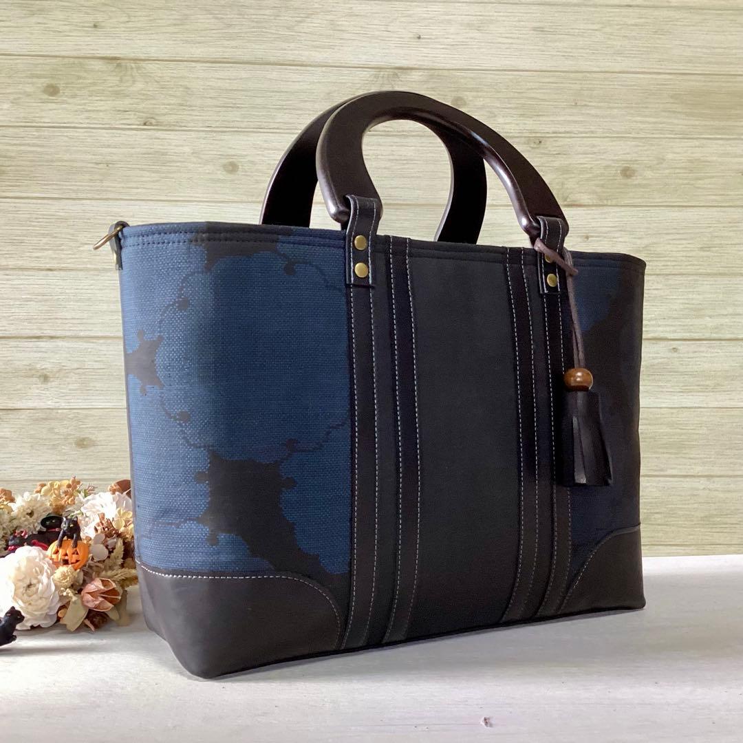 訳アリ 大島紬×本革 着物リメイク トートバッグ ハンドメイド 和装バッグ 雪輪