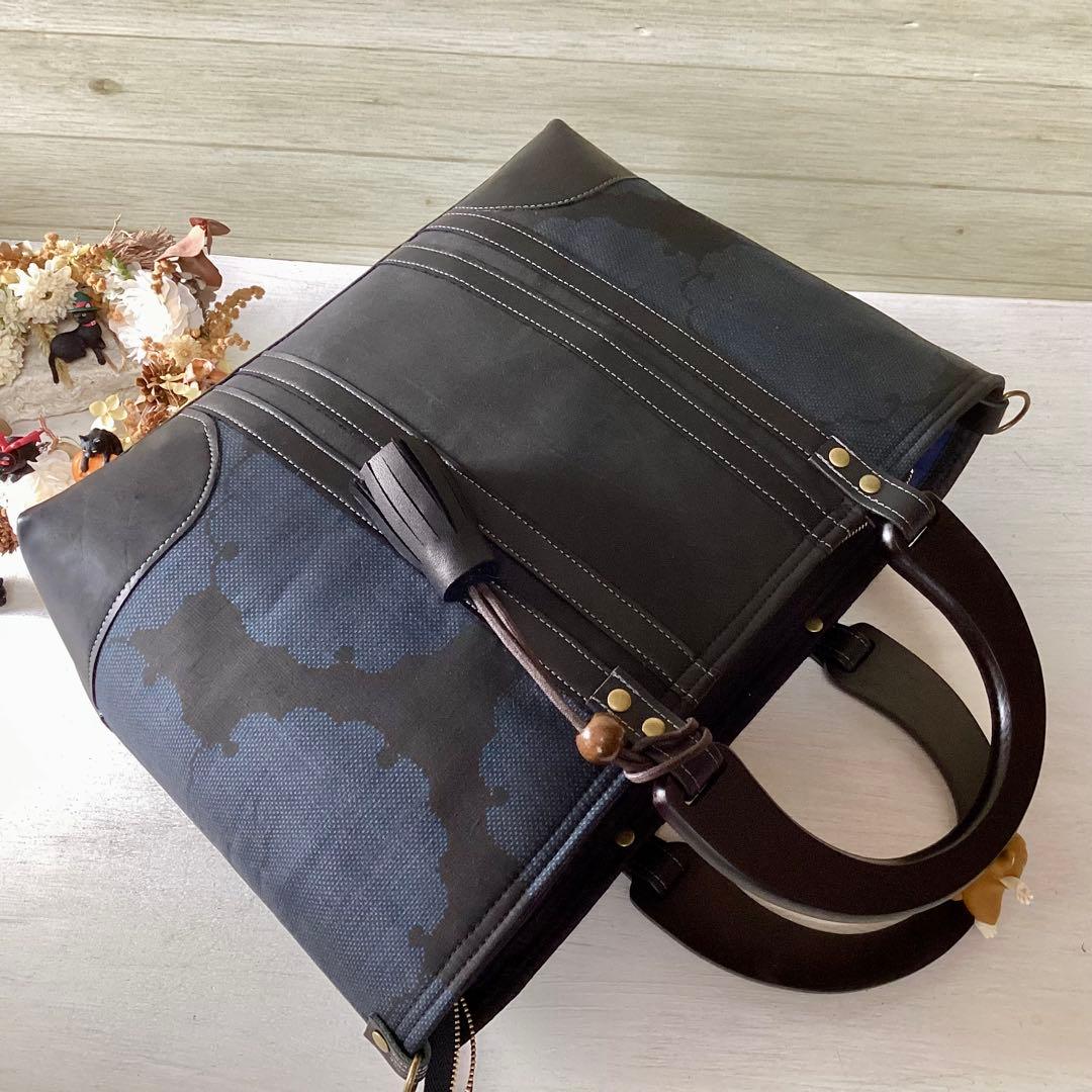 訳アリ 大島紬×本革 着物リメイク トートバッグ ハンドメイド 和装バッグ 雪輪