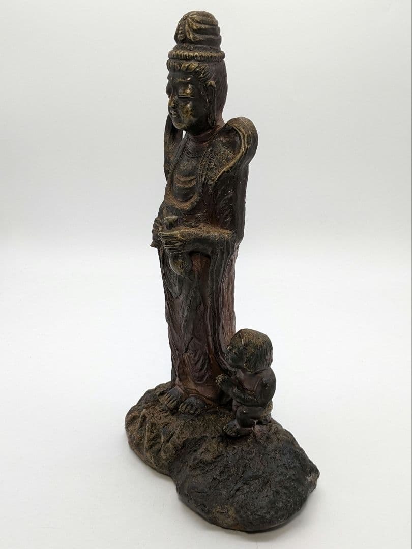 藤原陶臣 備前焼 観音菩薩立像 童 仏像 置物 細工物 工芸品 観音さま 陶像