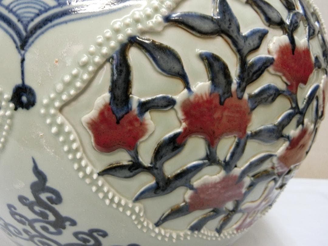 見栄え！！【中国陶磁器　大壷　鑑賞　美術品　辰砂染付花実文　高盛細工】◆古董