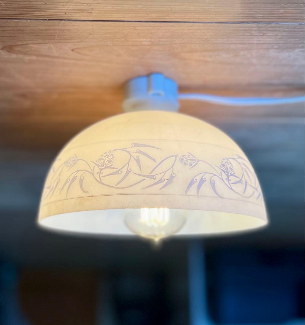 レトロ　大正ロマン　すりガラス花模様電笠　照明　灯り　古民家　アンティーク