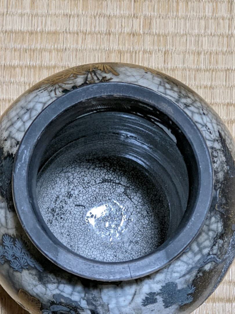 ♦乾山焼？珍品 芭蕉扇 唐貴婦人 金彩銀彩 蓋付き沈香壺 明治時代 古美術骨董品
