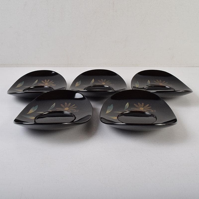 輪島塗　文化功労者　三谷吾一作　草花沈金　茶托　五客　共箱　M　R9503