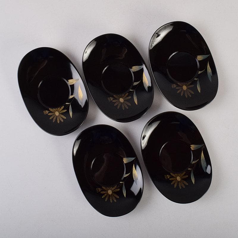 輪島塗　文化功労者　三谷吾一作　草花沈金　茶托　五客　共箱　M　R9503