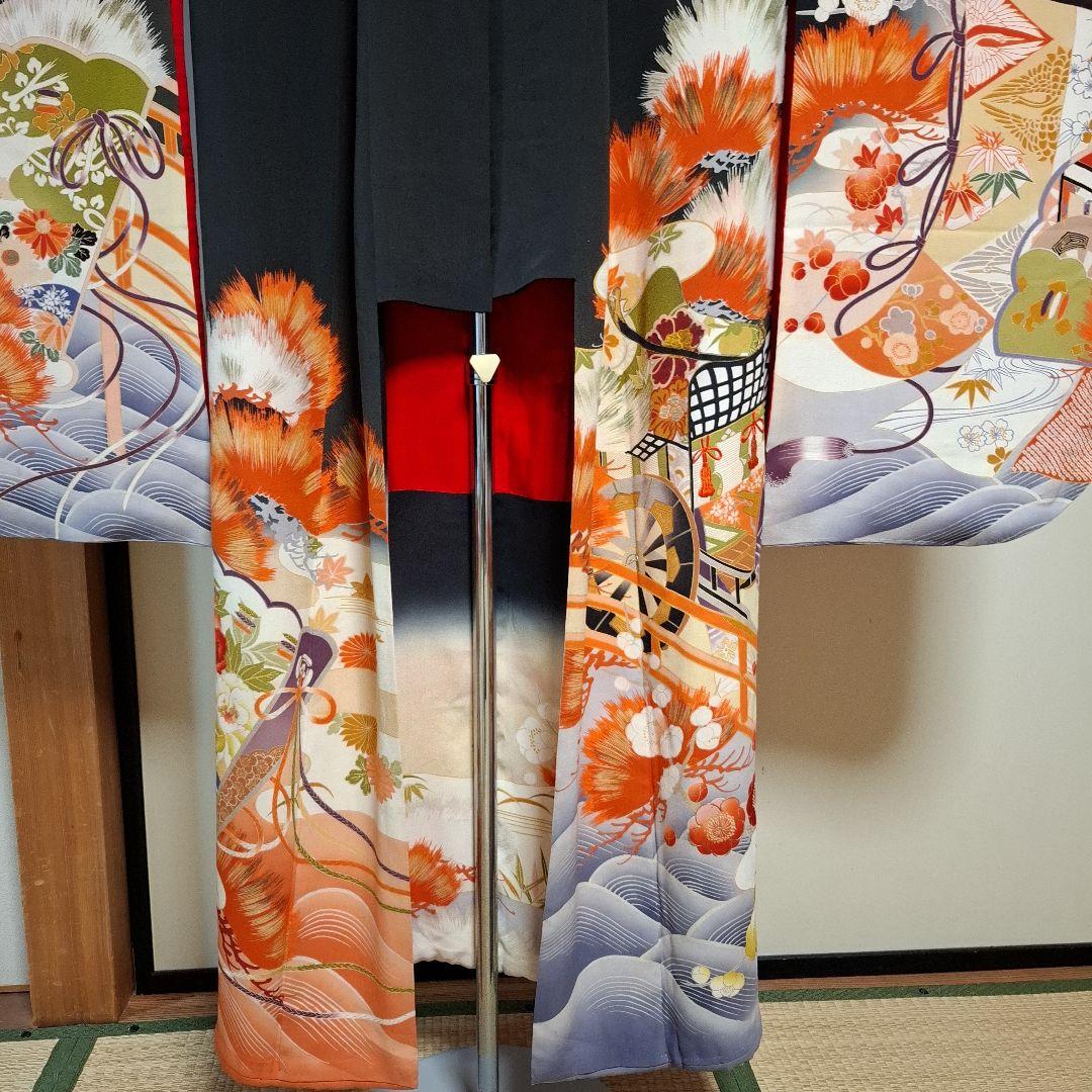 振袖 黒とオレンジ 松と花模様 帯付き