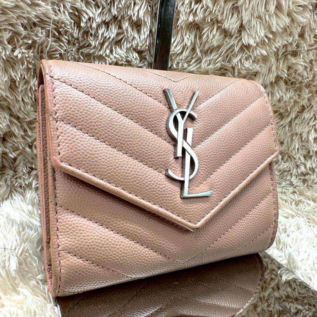 【美品】サンローラン 財布 YSL キャビアスキン ピンクベージュ キルティング