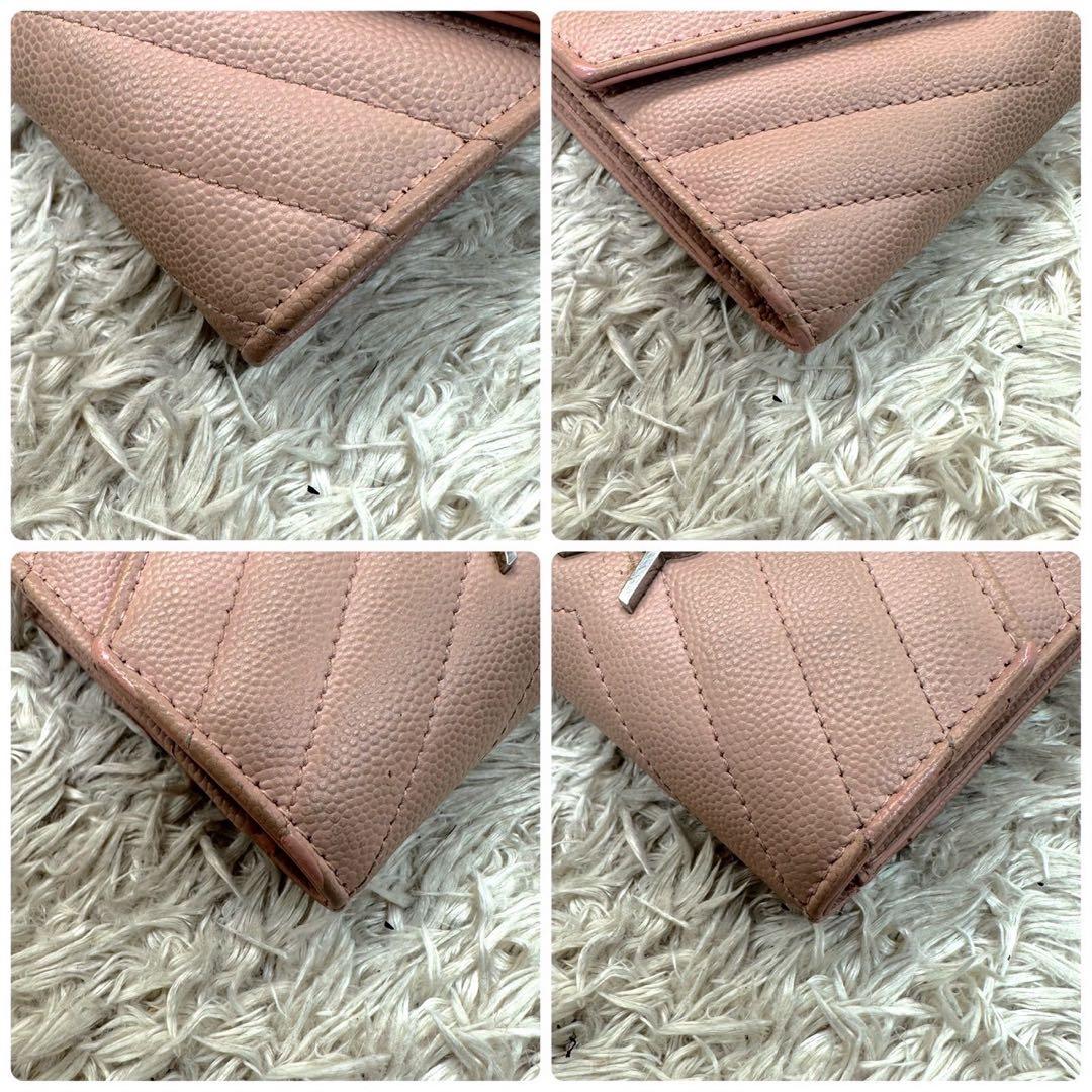 【美品】サンローラン 財布 YSL キャビアスキン ピンクベージュ キルティング