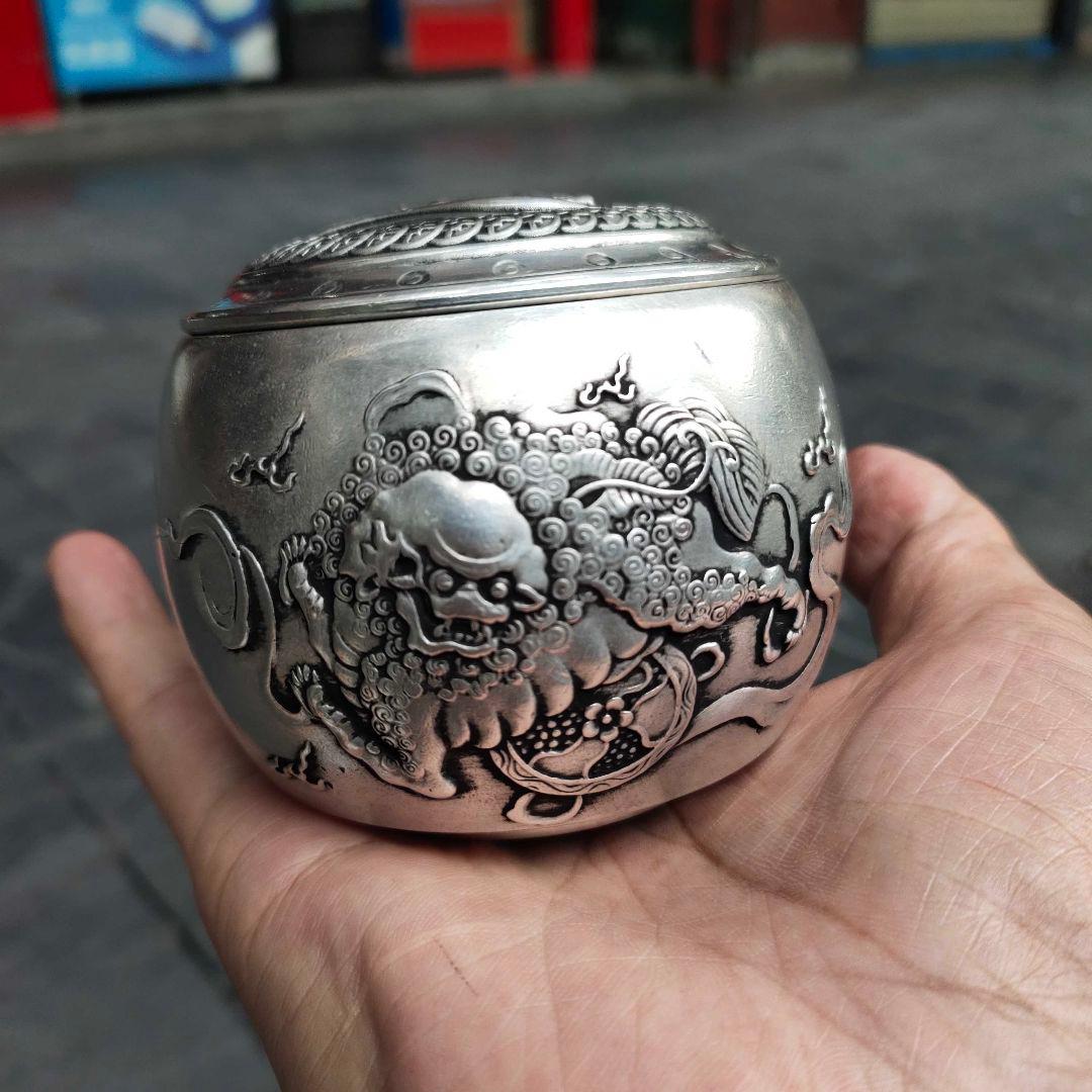 銅器 茶筒 招財進宝獅子茶筒 茶道置物 装飾品 工芸品