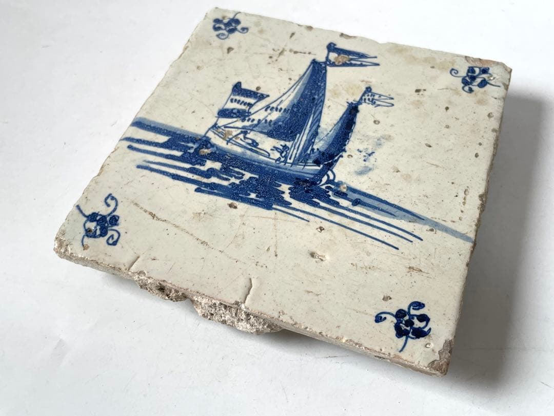 骨董　アンティーク　デルフトタイル　船文様　帆船　染付　17世紀　オランダ