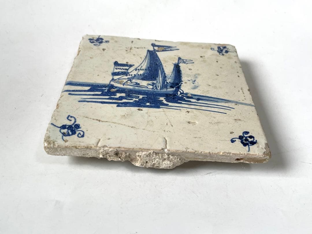 骨董　アンティーク　デルフトタイル　船文様　帆船　染付　17世紀　オランダ