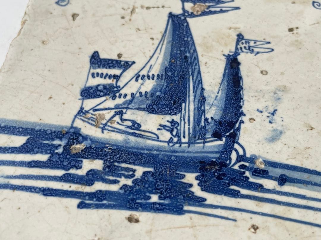 骨董　アンティーク　デルフトタイル　船文様　帆船　染付　17世紀　オランダ