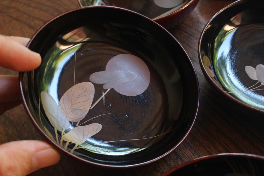 ばら売り可！時代内黒溜塗に優美な月蒔絵の映える小皿8点（検輪島塗蒔絵皿銘々皿