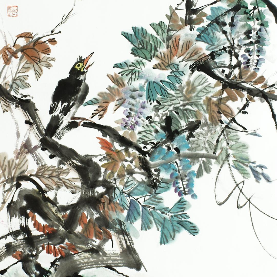 中国の花鳥画 「開到紫藤芳事盡」水墨画 肉筆画真跡保証あります R-10101