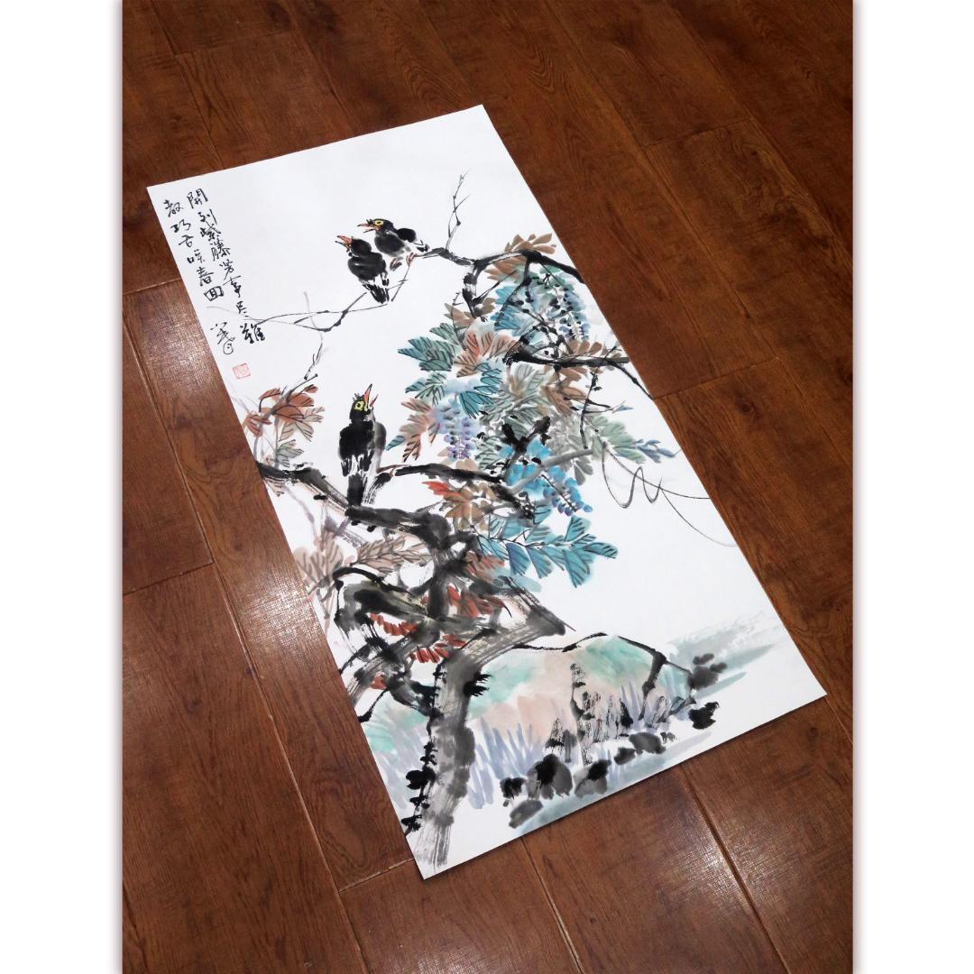 中国の花鳥画 「開到紫藤芳事盡」水墨画 肉筆画真跡保証あります R-10101